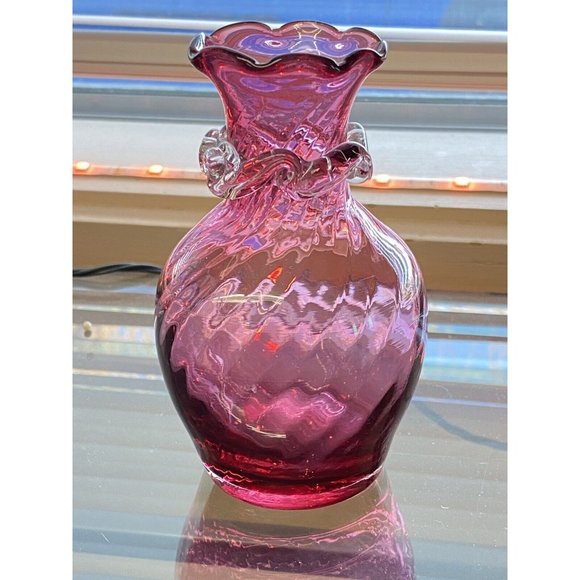 Unmarked Other - Hand Blown Pink Applied Clear Decoration Ribbon Swirl Glass Vase 4.5”